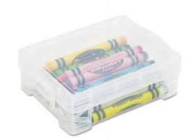 A clear plastic container with crayons insideDescription automatically generated